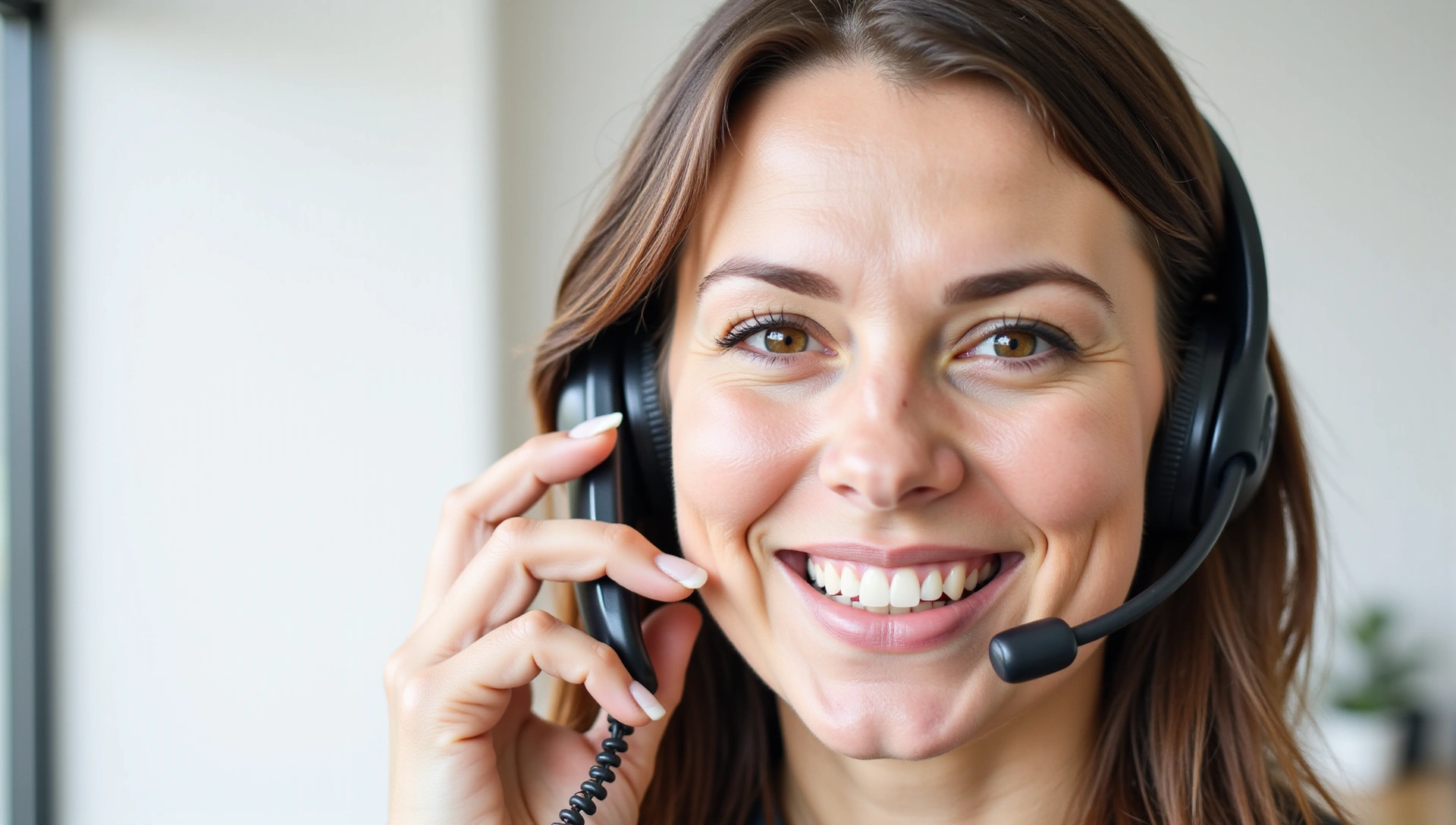Una donna sorridente e professionale che parla al telefono in un ufficio moderno e luminoso, simboleggiando una comunicazione aperta e accogliente.