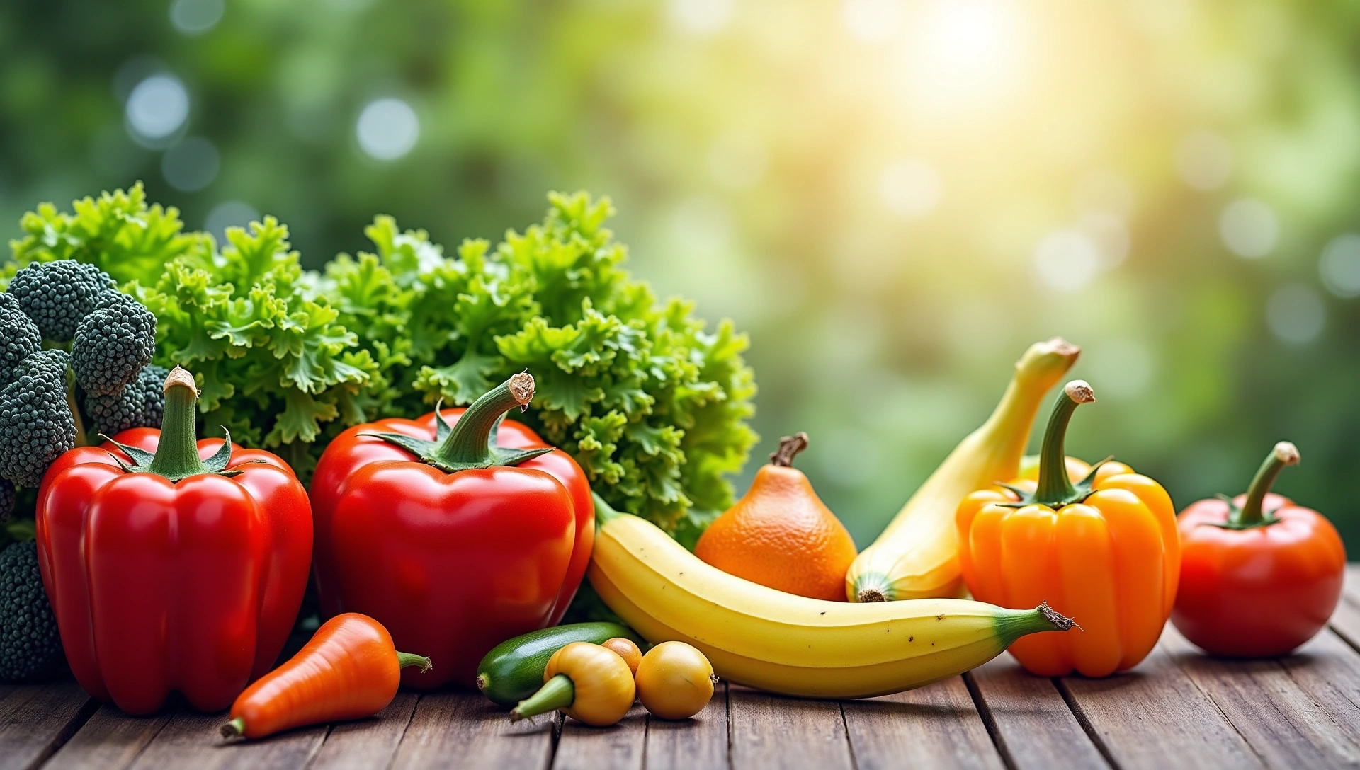 Verdure e frutta organiche disposte artisticamente su un tavolo di legno